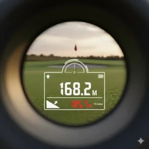 Nahaufnahme des Displays, das das Zielfernrohr mit aktivierter Pin-Seeker-Technologie des Premium Golf Laser Entfernungsmesser zeigt