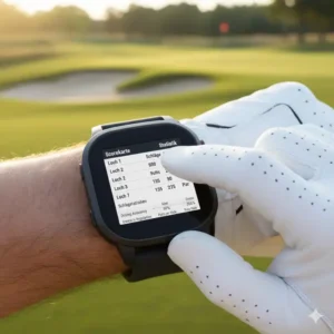 Der Spieler nutzt die golf smartwatch mit herzfrequenz für die digitale Eingabe von Scores und die Verwaltung seiner Statistiken.