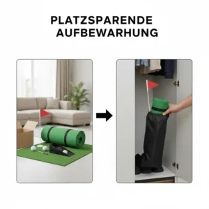 Platzsparende Aufbewahrung: Das tragbares golf loch indoor kann einfach aufgerollt und verstaut werden.