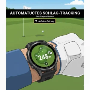 Automatisches Schlag-Tracking mit Golf GPS Uhr Test 2025, die geschlagene Distanz anzeigt.