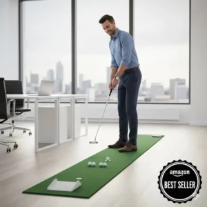 Ein Profi nutzt das mini golf putting set amazon für eine schnelle Büropause zur Entspannung.