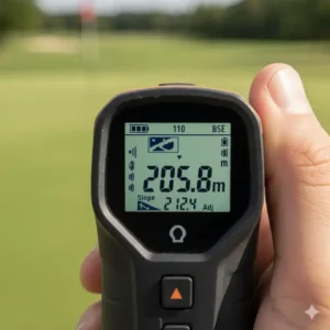 Das Display zeigt die gemessene Distanz mit dem golf laser entfernungsmesser amazon an.