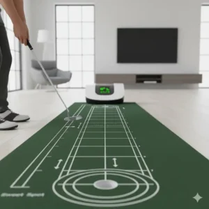 Ausrichtungslinien und Zielhilfen auf der elektrische golf putting matte zur Verbesserung der Putt-Genauigkeit.