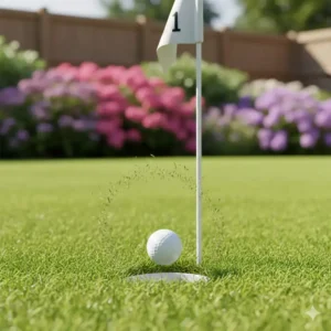 Ein Golfball fällt perfekt in das golf flagge loch set im garten.