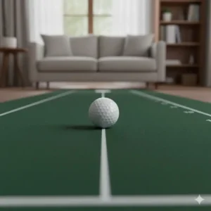 Golfball rollt perfekt auf der knitterfreien, professionellen Golf Putting Matte Indoor Oberfläche.