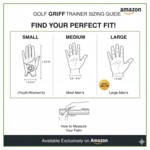Größentabelle und Anleitung zur Auswahl des richtigen Golf-Griff-Trainer Modells auf Amazon.
