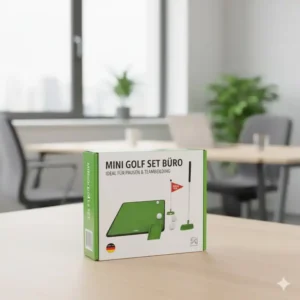 Originalverpackung des mini golf set büro kaufen, zeigt die einfache Lagerung und den Transport.