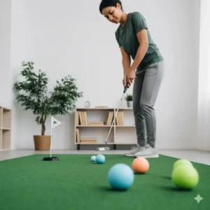 Putting Training mit den weichen Golfbällen auf einem Indoor Putting Green.