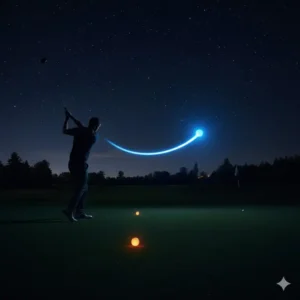 Ein Spieler macht einen Abschlag mit einem der leuchtende golfbälle nachtspiel in der Dunkelheit.