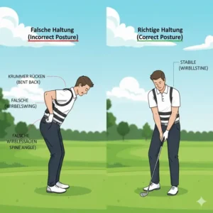 Vergleichsdiagramm zwischen der falschen Haltung (gebeugt) und der korrekten geradehaltung, ermöglicht durch den golf schwung trainer geradehaltung.