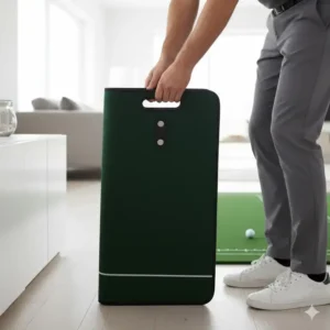 Die elektrische golf putting matte ist zusammengeklappt für einfache Lagerung und Transport.