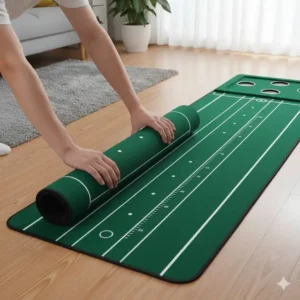 Einfaches Zusammenrollen und Verstauen der Golf Putting Matte mit Linien.