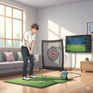 Kompakter Golf Schwung Trainer Indoor Launch Monitor und Netz für Schwunganalyse und Übung.