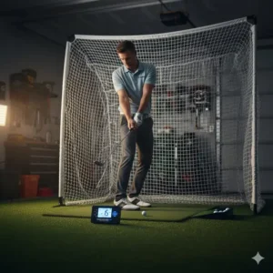 Golf Swing Speed Radar kaufen im Einsatz beim Indoor-Training mit einem Golfnetz, um auch drinnen die Schlägerkopfgeschwindigkeit zu messen.