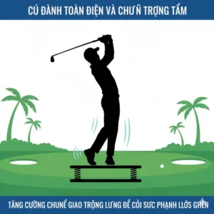 Silhouette eines Golfers, der einen vollen Schwung auf dem Golf Balance Trainer Tool ausführt.