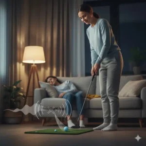 Illustration der geräuscharmen Eigenschaft von weichen Golfbällen für diskretes Indoor Training.