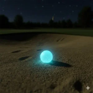 Gut sichtbarer, leuchtender Ball in einem Bunker beim leuchtende golfbälle nachtspiel.