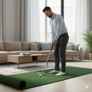 Erwachsener übt mit dem Premium mini golf putter indoor auf einer Putting-Matte in Innenräumen.