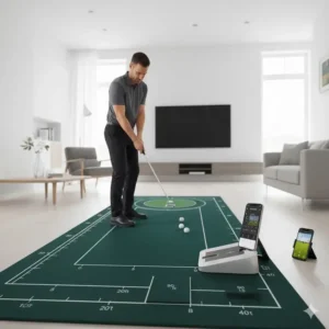 Golfer übt verschiedene Putt-Distanzen auf der langen elektrische golf putting matte.