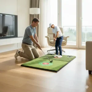 Golfer beim Üben demonstriert die Größe der Golf-Chipping-Matte Indoor Outdoor.