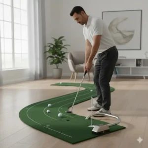 Golfer übt einen Putt auf der golf putting matte gebogen in einer Innenumgebung.