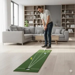 Golfer übt Schlag und Form auf einer langen Golf Putting Matte Indoor in einem Wohnzimmer.