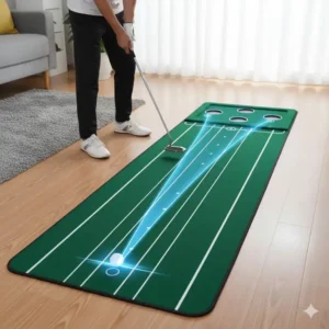 Trainingshilfe für Anfänger auf der Golf Putting Matte mit Linien zur Putt-Pfad-Visualisierung.