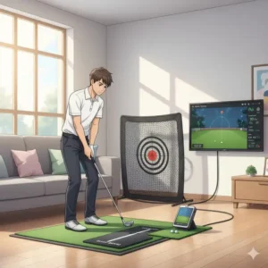 Divot Board gibt sofortiges Feedback zum Schwungpfad für eine Golf Schwung Trainer Indoor Session.