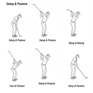 Technisches Diagramm, das die kritischen Setup- und Haltungswinkel für den Golfschwung basierend auf Kamera Hochgeschwindigkeit-Daten markiert.