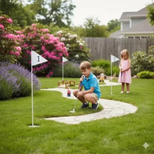 Verwendung von zwei golf flagge loch sets für eine erweiterte Mini-Anlage im garten.