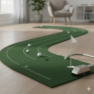 Fokus auf das erhöhte Loch und die Zielfahne der golf putting matte gebogen.