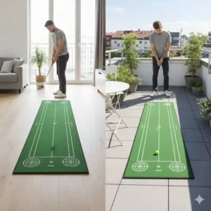 Verwendung der Golf Putting Matte mit Linien drinnen und draußen.
