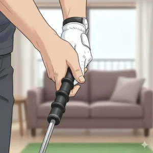 Nahaufnahme einer geformten Griffhilfe am Schläger für die korrekte Handposition beim Golf Schwung Trainer Indoor.