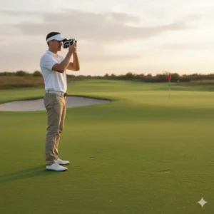 Ein Golfer benutzt den Premium Golf Laser Entfernungsmesser auf dem Fairway vor einem Grün