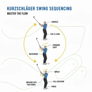 Sequenz-Illustration, die den richtigen Schwungablauf, wie er mit dem kurzschläger swing trainer golf gelehrt wird, darstellt.