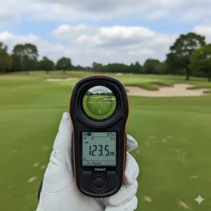 Der golf laser entfernungsmesser amazon wird verwendet, um die Entfernung zu einem Sandbunker zu messen.