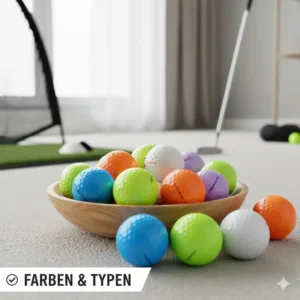 Auswahl verschiedener Farben und Typen von weichen Indoor Golfbällen für abwechslungsreiches Training.