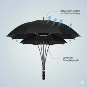 Illustration der Doppeldach-Konstruktion für einen golf regenschirm groß windfest zur Windentlastung.