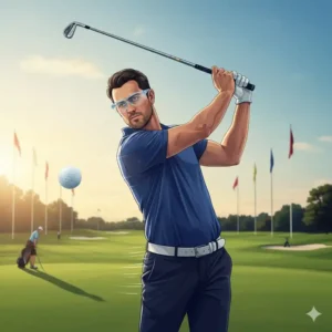 Golfer trägt schutzbrille golf training während des Abschlags auf der Driving Range zur Gewährleistung von Augenschutz.
