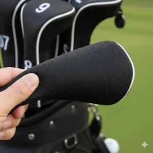 Nahaufnahme des golf eisen headcover set aus flexiblem Neoprenmaterial.