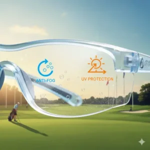 Nahaufnahme der schutzbrille golf training, die Anti-Beschlag- und UV-Schutz-Funktionen der Gläser hervorhebt.