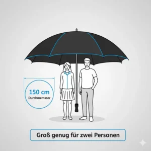 Größenvergleich zeigt, wie ein golf regenschirm groß windfest optimalen Schutz für zwei Personen bietet.