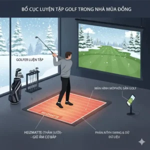 Schematische Darstellung eines Indoor Golf Trainings im Winter mit der Heizmatte für konstante Leistung.