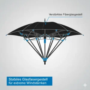 Detailansicht der stabilen Glasfaser-Streben von einem golf regenschirm groß windfest.