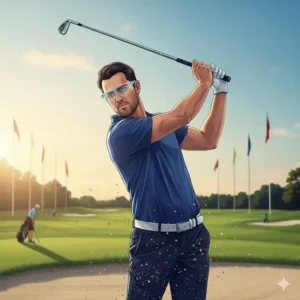 Detailbild eines Golfers beim Chipping-Training mit der schutzbrille golf training zur Prävention von Augenverletzungen durch Sand.