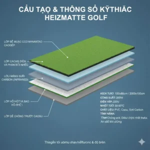 Technische Zeichnung, die die Schichten und Komponenten der Golf Heizmatte Trainingsmatte detailliert zeigt.