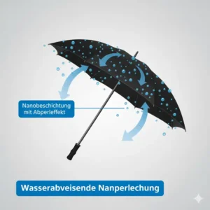 Illustration der wasserabweisenden Nanobeschichtung auf einem golf regenschirm groß windfest.