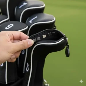 Detailaufnahme des Magnetverschlusses des golf eisen headcover set für schnelles Anbringen und Abnehmen.
