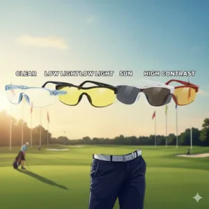 Farbvarianten der schutzbrille golf training – verschiedene Rahmenfarben und Tönungen für unterschiedliche Lichtverhältnisse.
