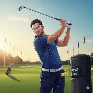 Golfer verwendet ein Impact Bag als Trainingshilfe und trägt dabei die schutzbrille golf training zum Augenschutz.